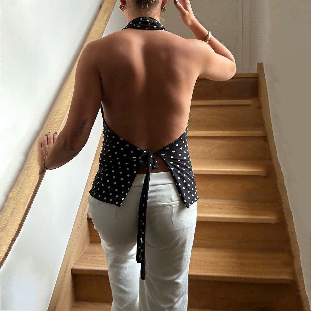 Women's V-neck Halter Polka Dot Top Slim Fit Backless