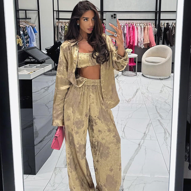 Lapel Long Sleeve Shirt Tube Top Wide Leg Pants Three-piece Set