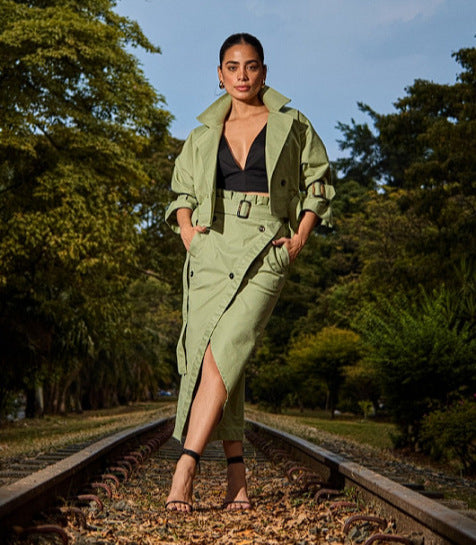 Women's Two-piece Casual Trousers With Solid Color Buckle Design