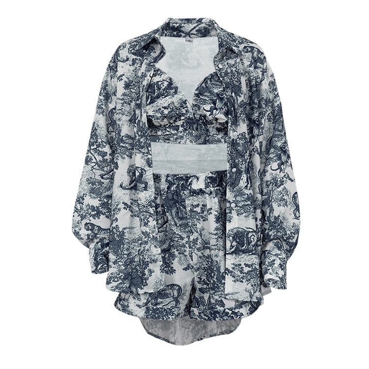 Women's Retro Shirt Suspender Shorts Suit