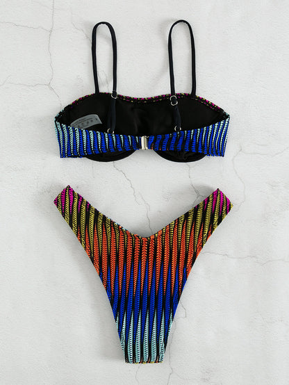 Women's Temperament Fashion Ripple Strip Bikini Split Swimsuit