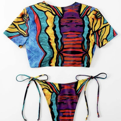 Women's Fashion Print Split Hollow Bikini Swimsuit