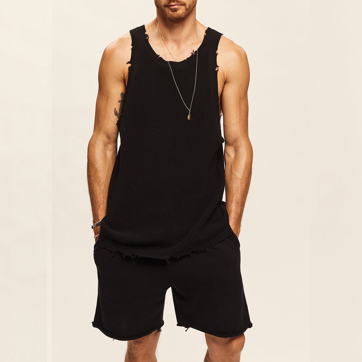 Knitted Essentials Two-Piece Set: Men's Two-piece Knitted Sleeveless Tank Top Shorts