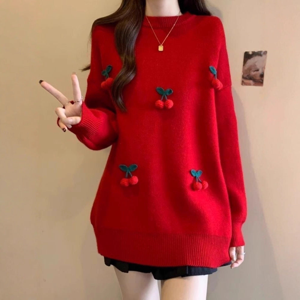 Red Cherry Sweater Women's Fashion Round Neck Pullover Long Sleeve