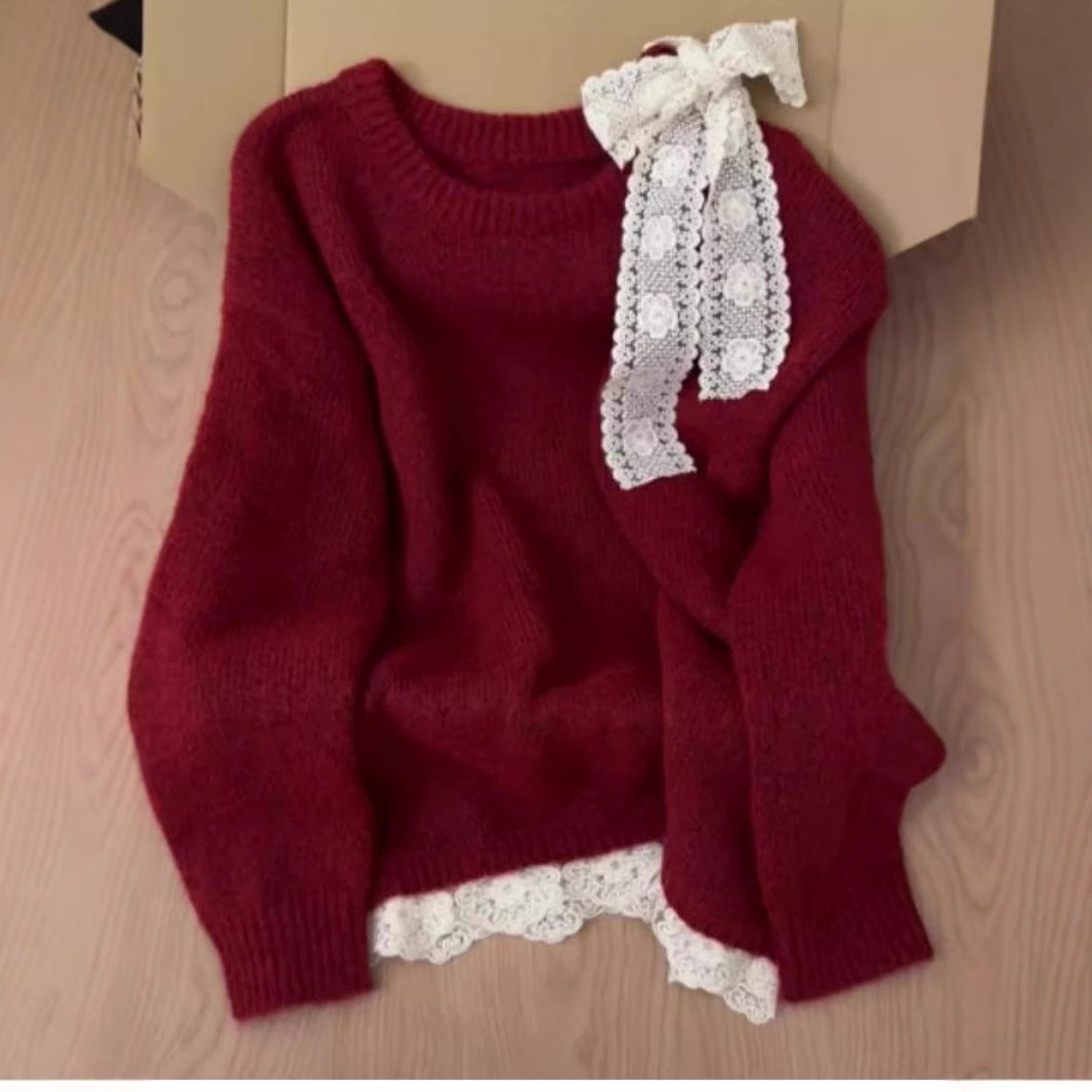 High-grade Lace Red Off-the-shoulder Sweater