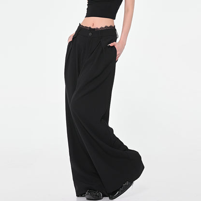 Black Wide-leg Suit Pants Lace Stitching Women's Casual Pants