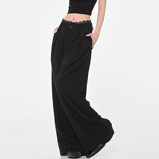 Black Wide-leg Suit Pants Lace Stitching Women's Casual Pants