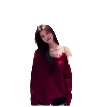 High-grade Lace Red Off-the-shoulder Sweater