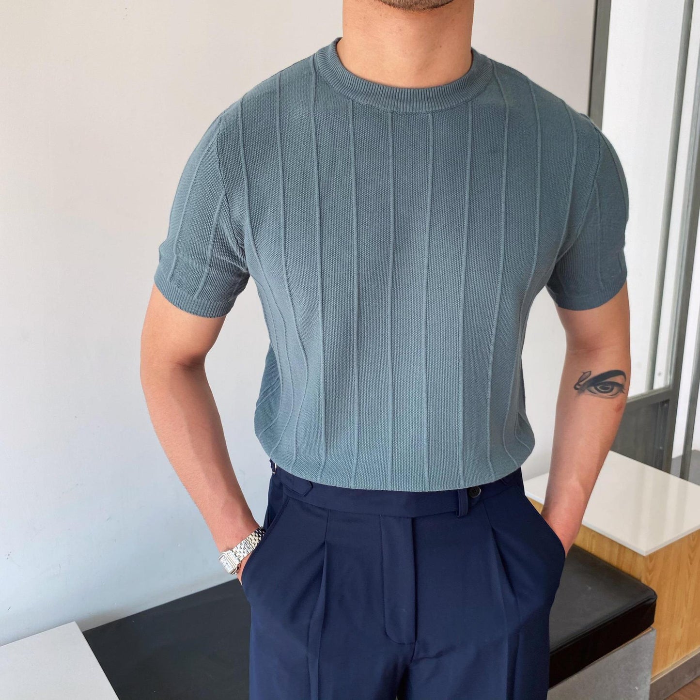 Easygoing Essentials Tee: Short Sleeve Knitted T-shirt  Men's Light Round Neck Thin Tops