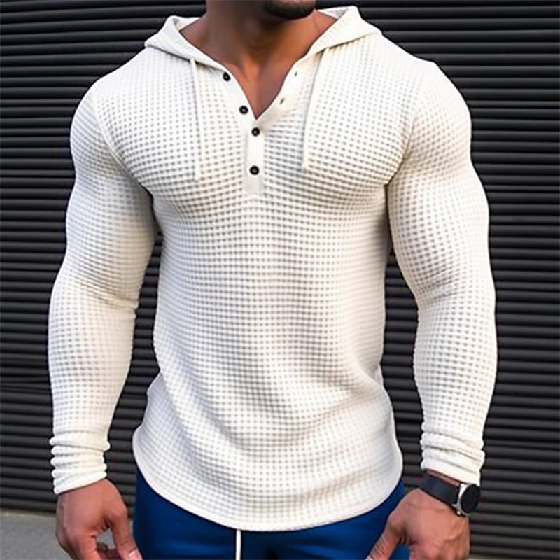 Men's Waffle Button Hoodie T-shirt Top Vacation Long Sleeve Casual Fashion.