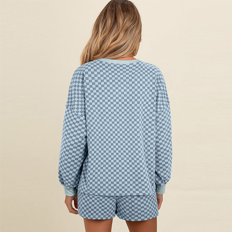 Drawstring Leisure Suit Women's Printed Checks Long Sleeve Two-piece Set