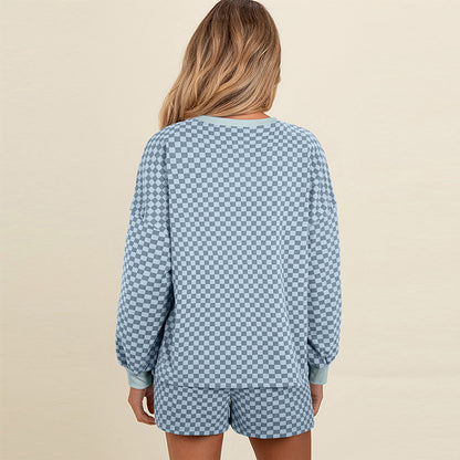 Drawstring Leisure Suit Women's Printed Checks Long Sleeve Two-piece Set