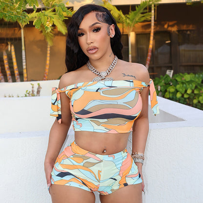 Color Floral-print Off-shoulder Tied Top Tight Shorts Two-piece Suit