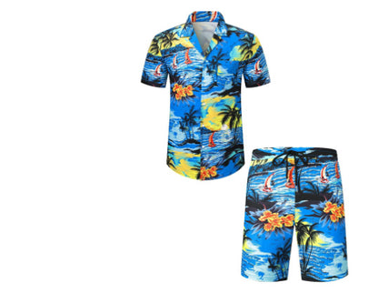 Coastal Vibes Set-Men's Casual Beach Short-sleeved Shirt And Shorts Suit