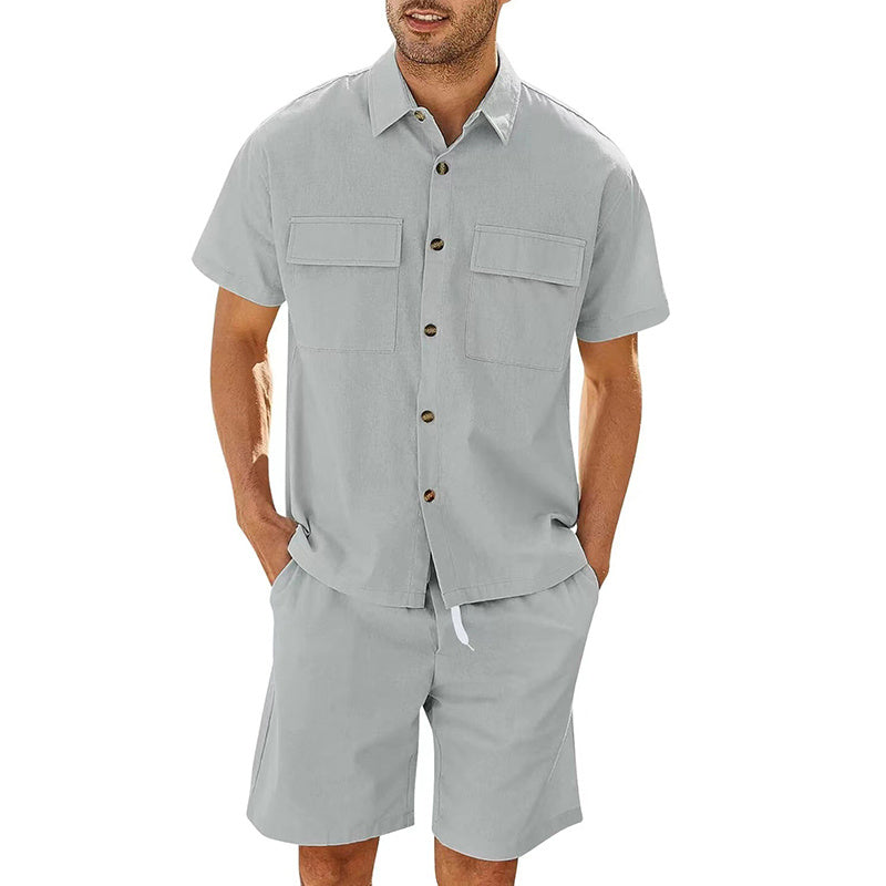 Leisure Luxe Set : Suits Men Short Sleeve Lapel Pockets Shirt And Drawstring Shorts Sports Fashion Leisure Men's Clothing