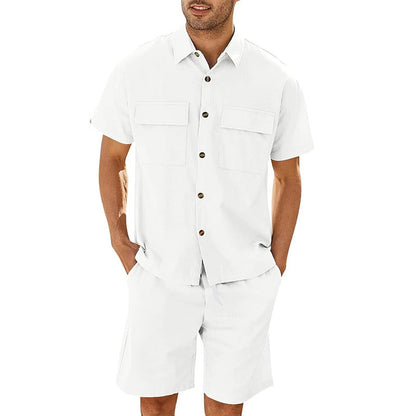 Leisure Luxe Set : Suits Men Short Sleeve Lapel Pockets Shirt And Drawstring Shorts Sports Fashion Leisure Men's Clothing