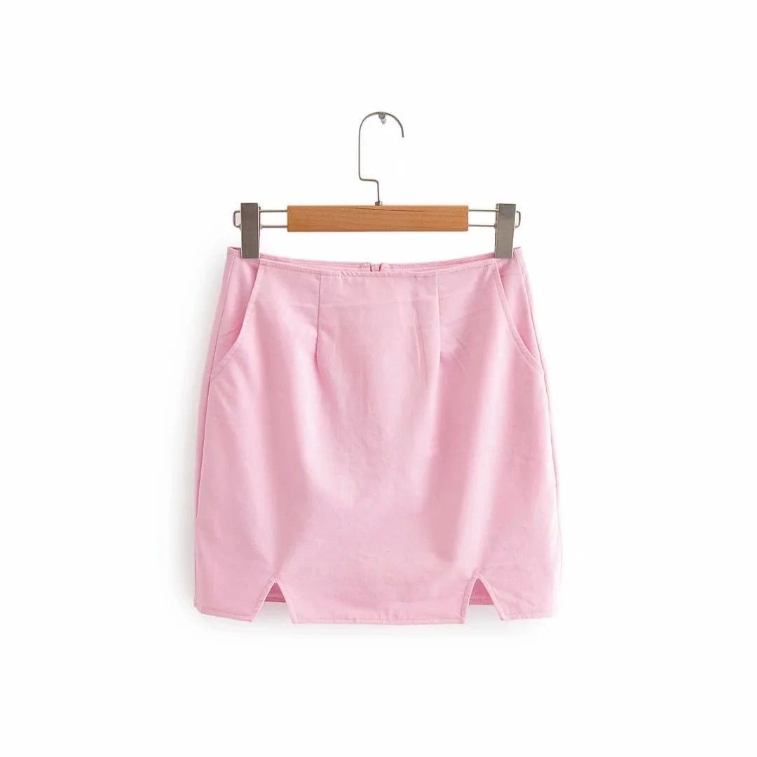 Pink Pocket Blouse & Split Half Skirt Set