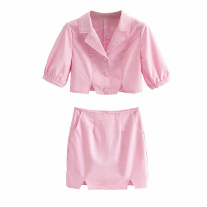 Pink Pocket Blouse & Split Half Skirt Set