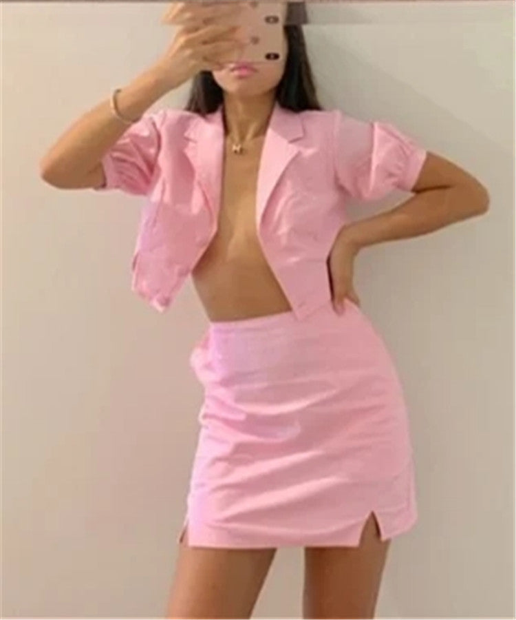 Pink Pocket Blouse & Split Half Skirt Set