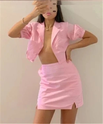 Pink Pocket Blouse & Split Half Skirt Set