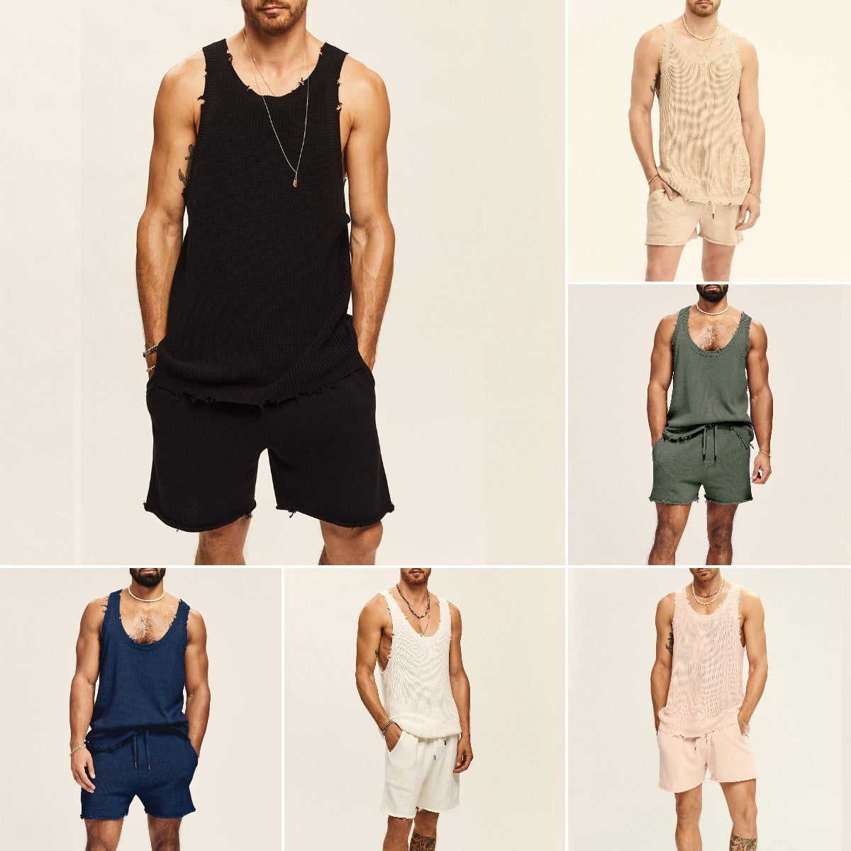 Knitted Essentials Two-Piece Set: Men's Two-piece Knitted Sleeveless Tank Top Shorts