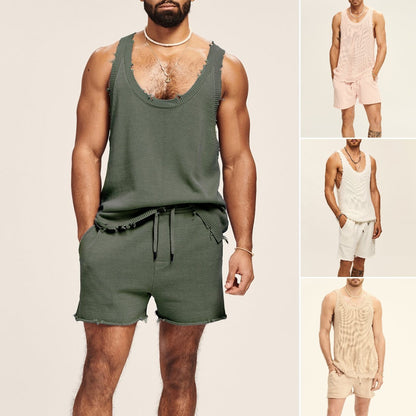 Knitted Essentials Two-Piece Set: Men's Two-piece Knitted Sleeveless Tank Top Shorts