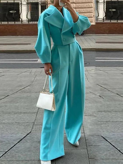 Commuter Chic Suit: Solid Color Lapel Short Jacket & High Waist Pants Suit