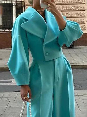 Commuter Chic Suit: Solid Color Lapel Short Jacket & High Waist Pants Suit