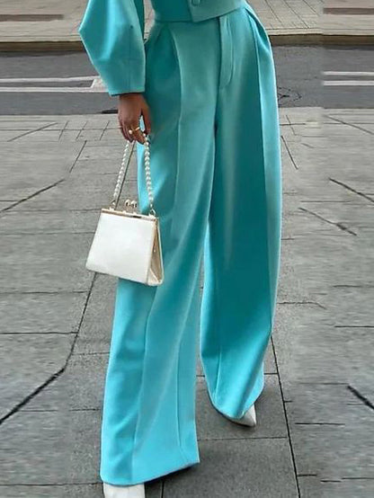 Commuter Chic Suit: Solid Color Lapel Short Jacket & High Waist Pants Suit