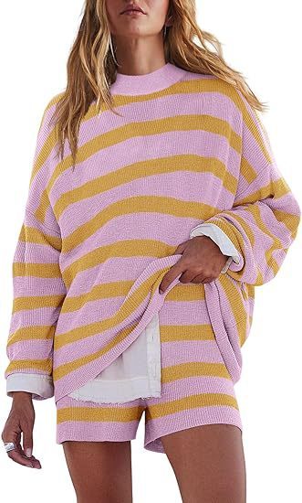 Vibrant Stripes Knitted Two-Piece Set: Women's Knitted Color Matching Suit Striped Long Sleeve