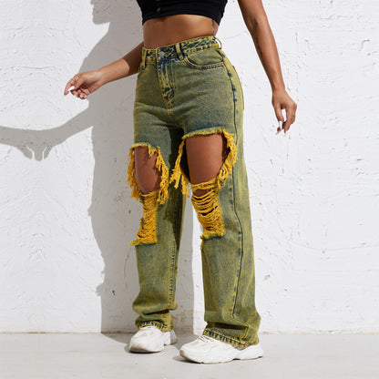 Retro Vibes Split Jeans :Shascullfites Melody Yellow Wash Streetwear Split Loose Straight Jeans Y2K Ripped Retro Women Denim Pants