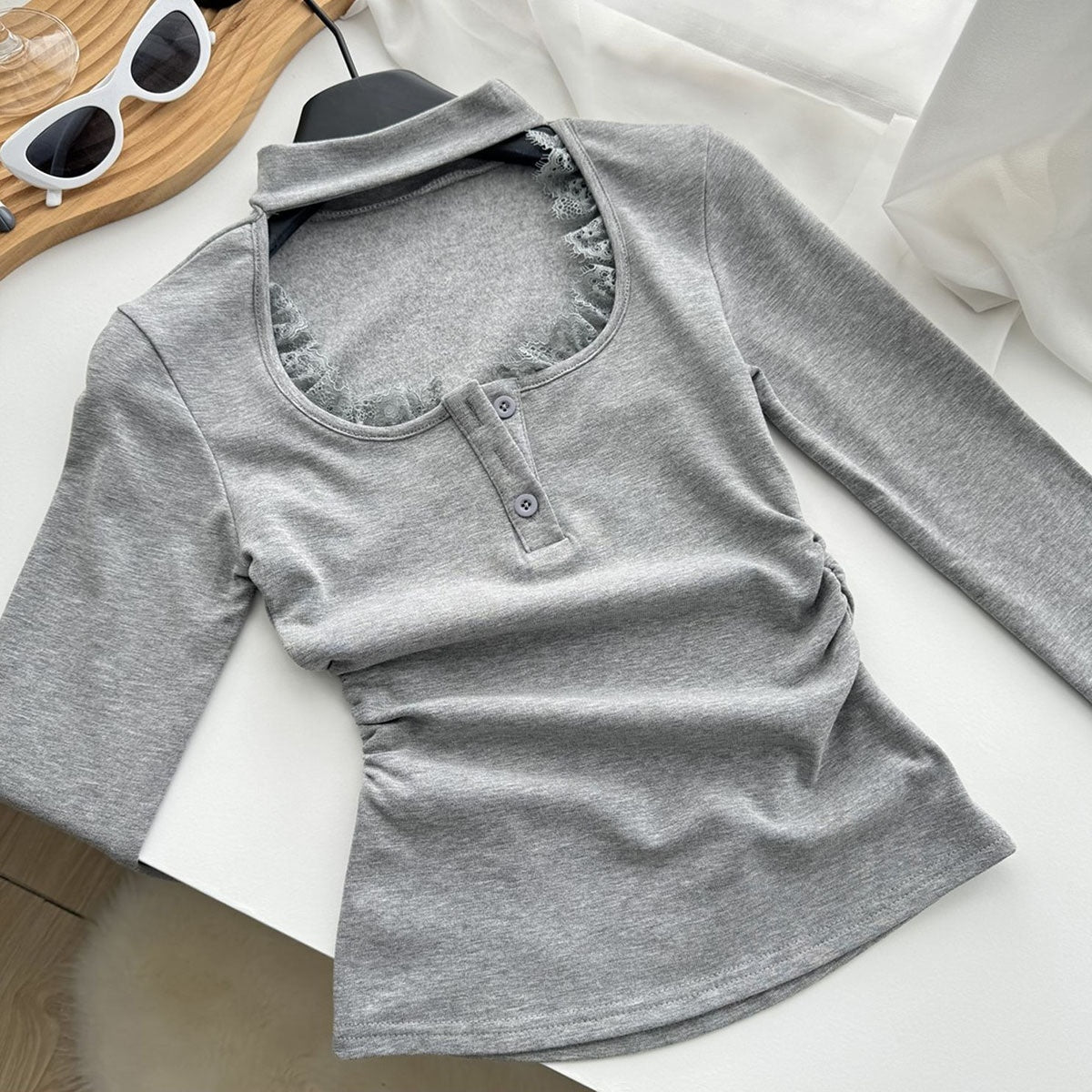 Lace Stitching Women's New Tight Pleated Inner Wear Blouse