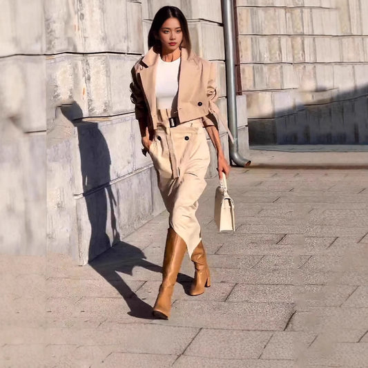 Women's Two-piece Casual Trousers With Solid Color Buckle Design