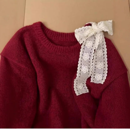 High-grade Lace Red Off-the-shoulder Sweater