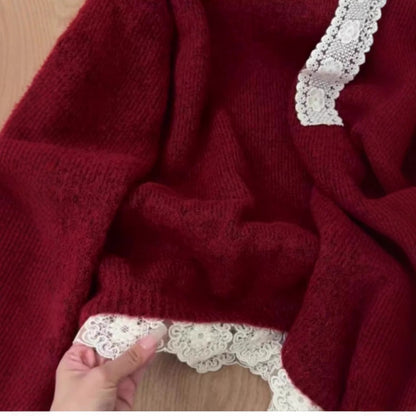 High-grade Lace Red Off-the-shoulder Sweater