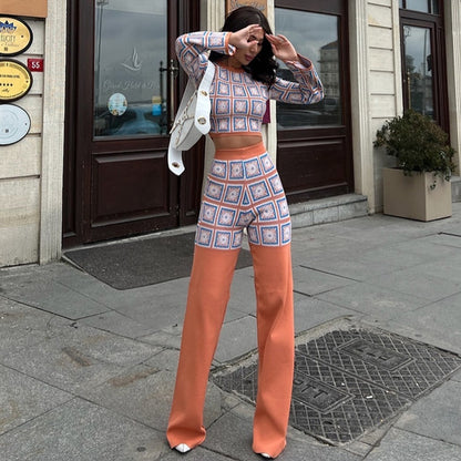 European And American National Style Printed Plaid Top And Trousers Suit
