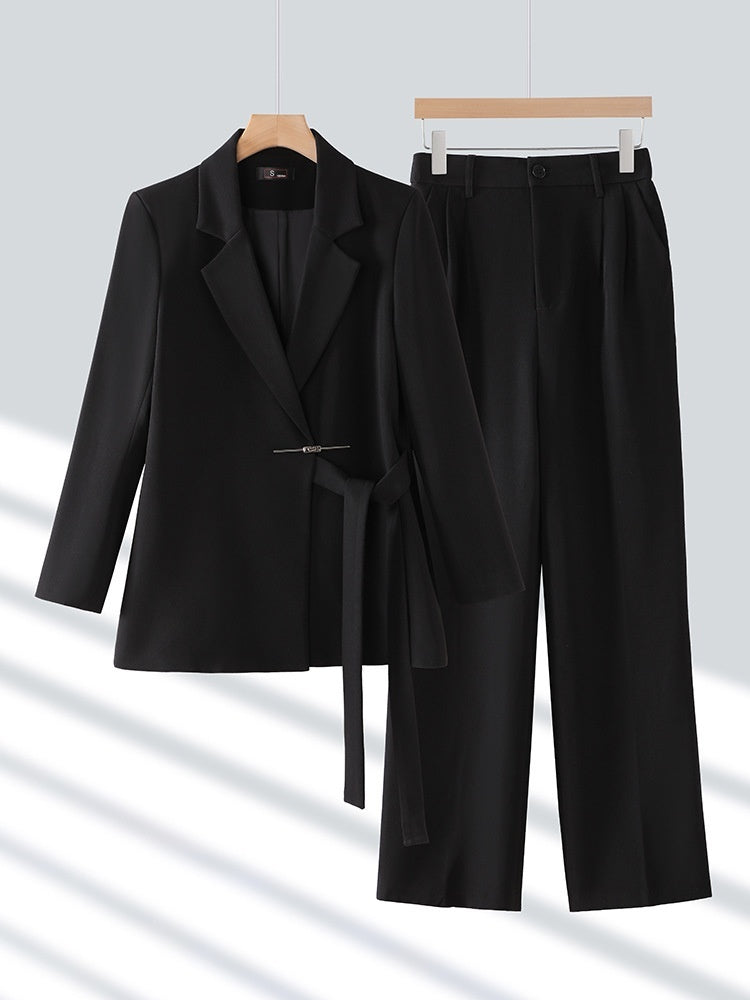 Casual Long-sleeved Small Suit Collar Jacket Women's Wide-leg Pants Two-piece Suit