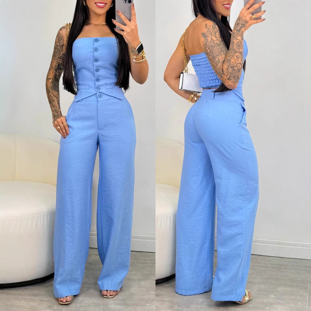 Schlauchtop-Weste mit Knopfleiste und weitem Hosenbein