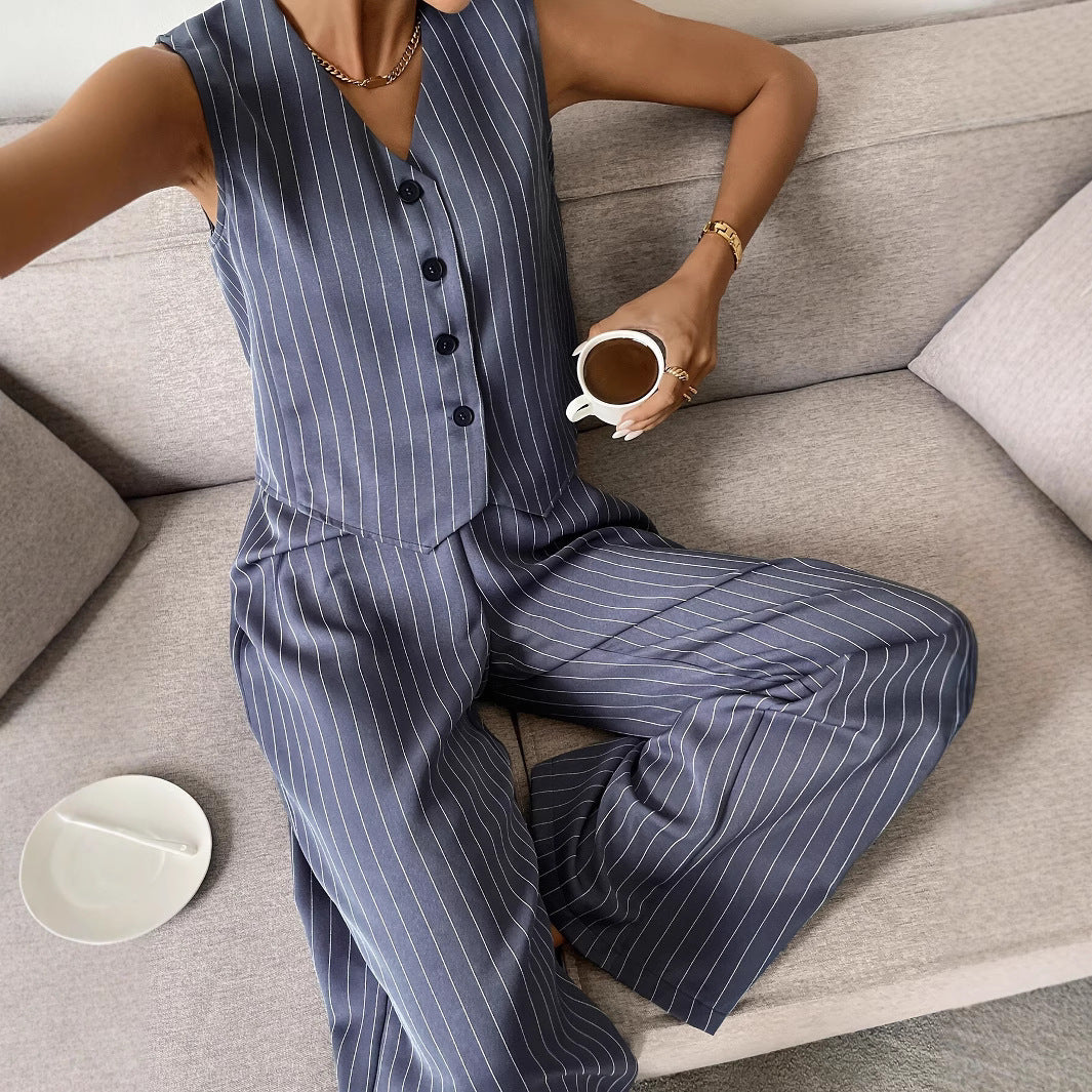 Single-breasted Striped Vest Wide-leg Pants Casual Suit