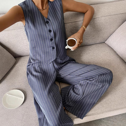 Single-breasted Striped Vest Wide-leg Pants Casual Suit