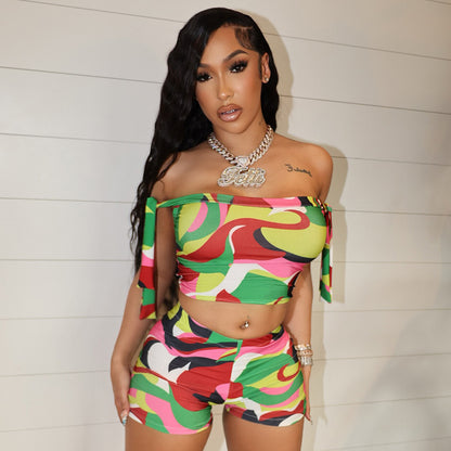 Color Floral-print Off-shoulder Tied Top Tight Shorts Two-piece Suit