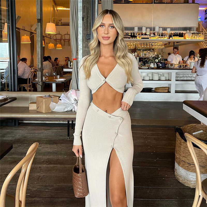 Elegant V-Neck Slit Skirt Set