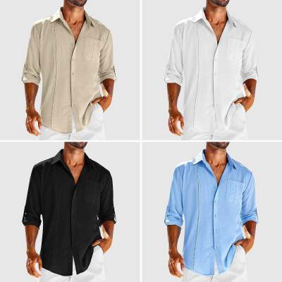 Luxe Lace Collar Button-Up: Casual  Long Sleeve Shirt With Pocket Lace Polo Collar Solid Color Button Mens Clothing