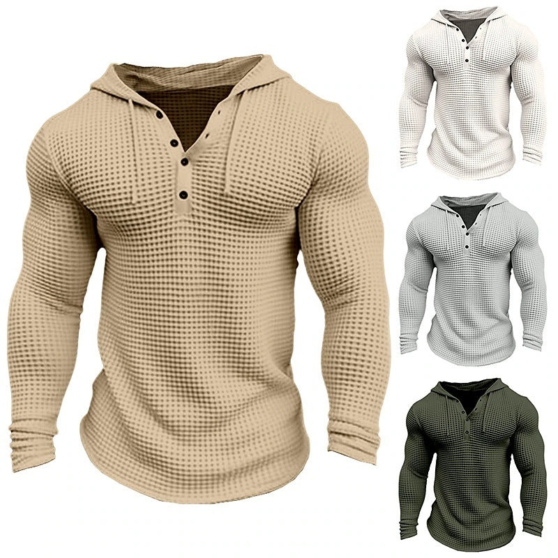 Men's Waffle Button Hoodie T-shirt Top Vacation Long Sleeve Casual Fashion.