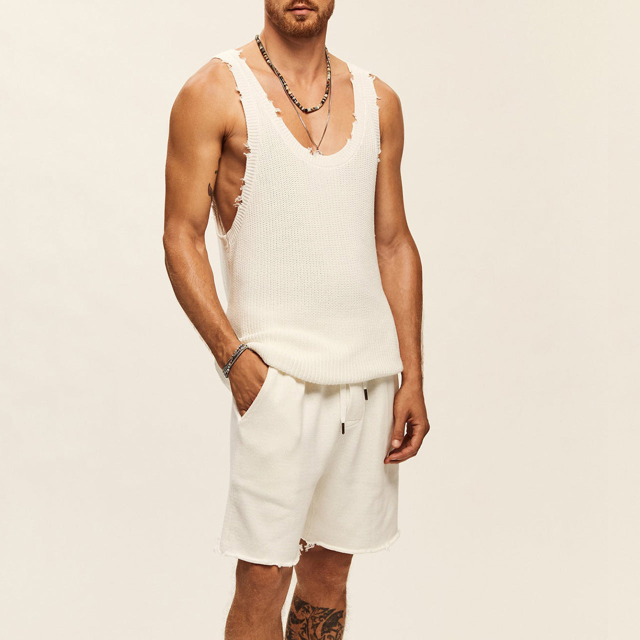 Knitted Essentials Two-Piece Set: Men's Two-piece Knitted Sleeveless Tank Top Shorts