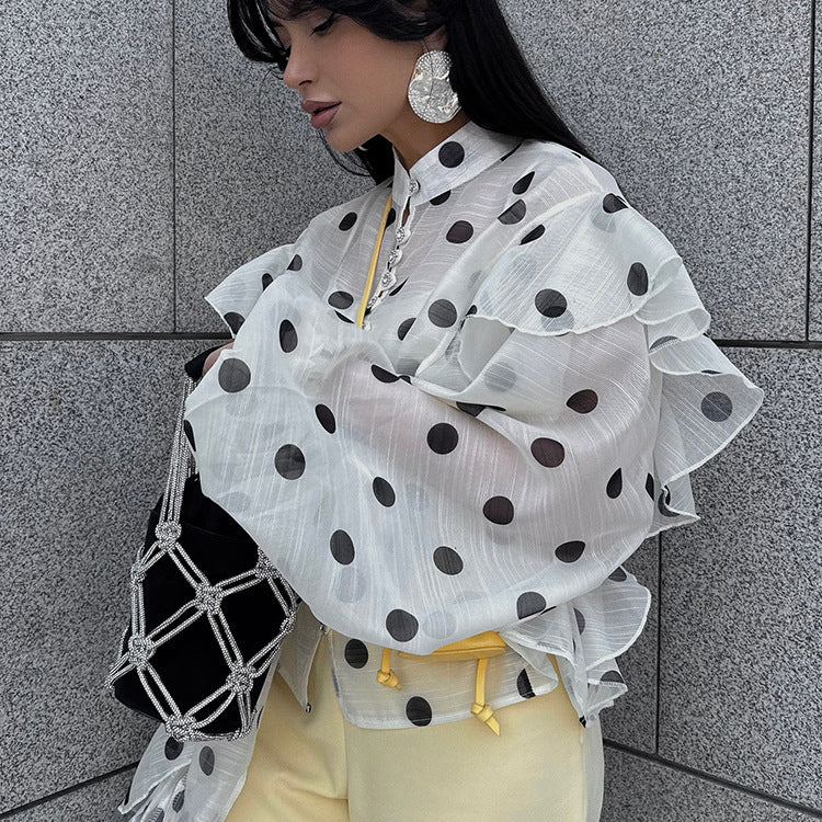 Elegant Ruffled Lace-up Stand Collar Polka Dot Shirt