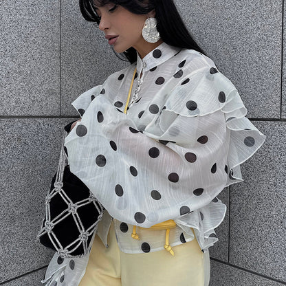 Elegant Ruffled Lace-up Stand Collar Polka Dot Shirt