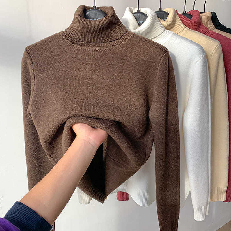 Cozy Luxe Velvet Set : Turtle Neck Winter Sweater Women Elegant Thick Warm Female Knitted Pullover Loose Basic Knitwear