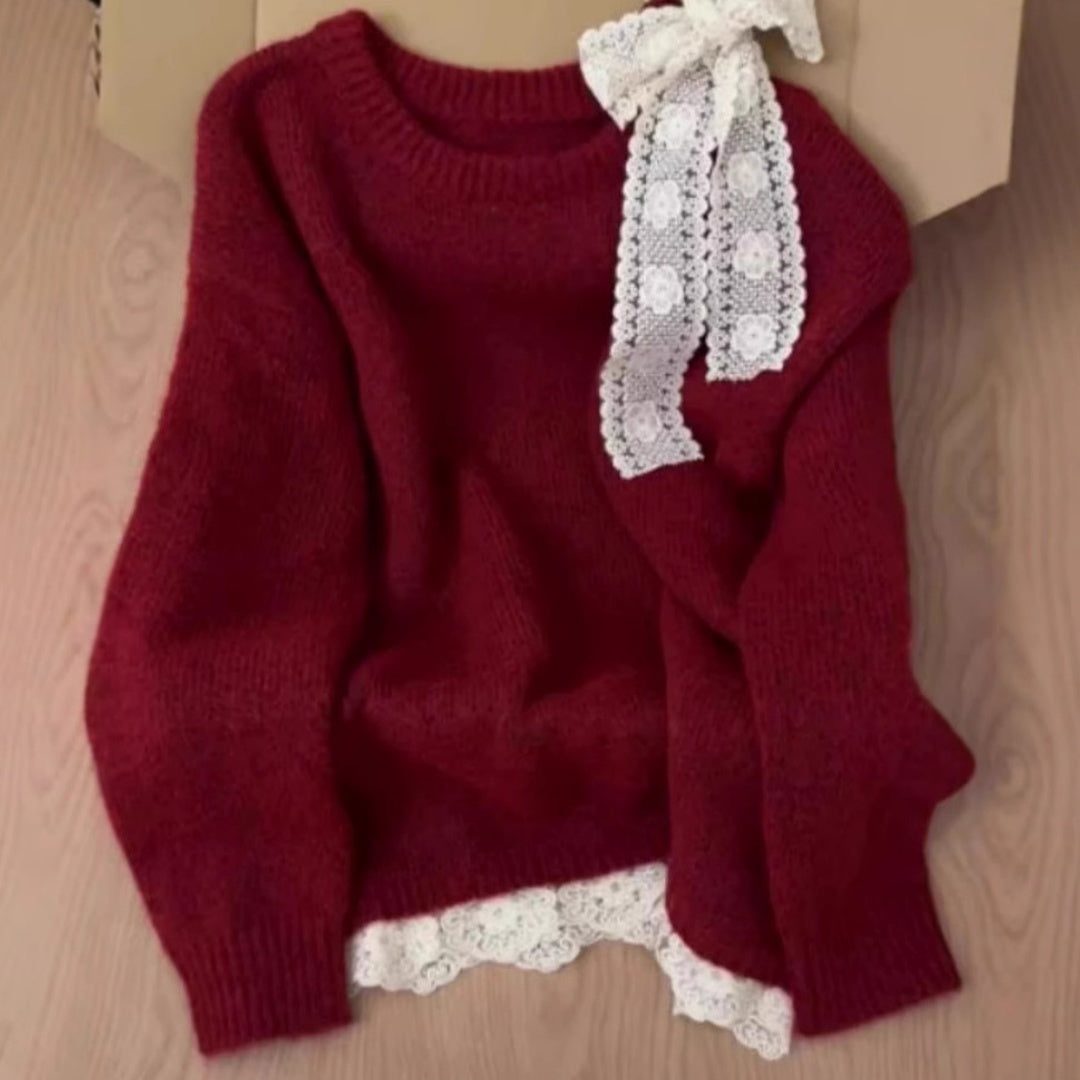 High-grade Lace Red Off-the-shoulder Sweater