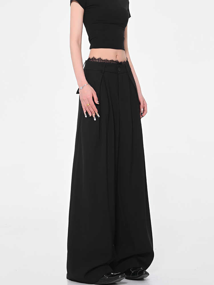 Black Wide-leg Suit Pants Lace Stitching Women's Casual Pants